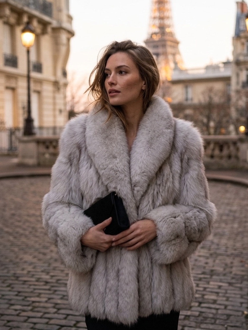 Parisian Luxury Light Gray Faux Fur Coat - Women's Winter Jacket size L